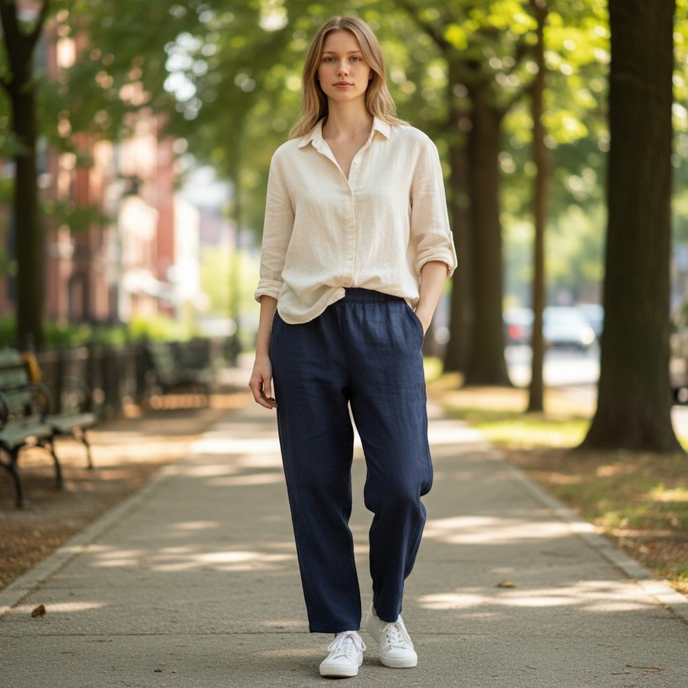 Halston Linen Blend Pants XL Navy Blue EUC Elastic Back Stretch Semi Barrel legโ